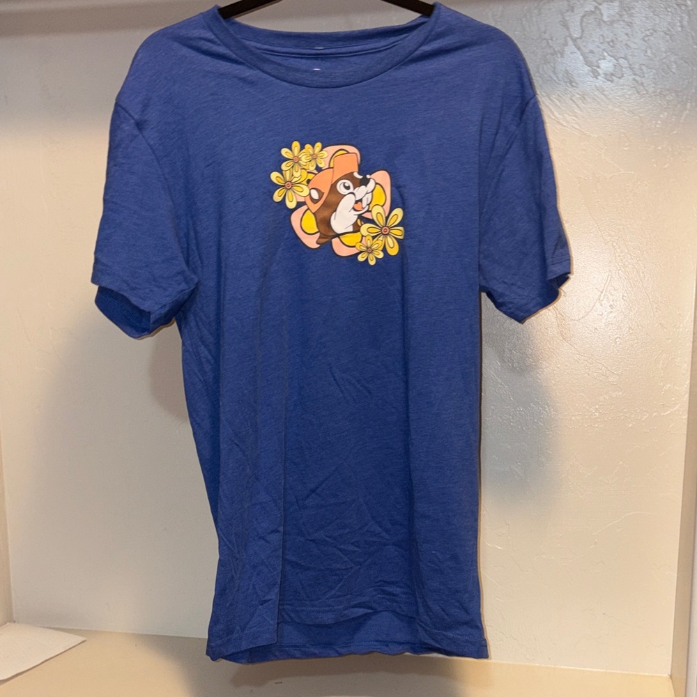 Blue Short Sleeve Tee with Cartoon Floral Graphic